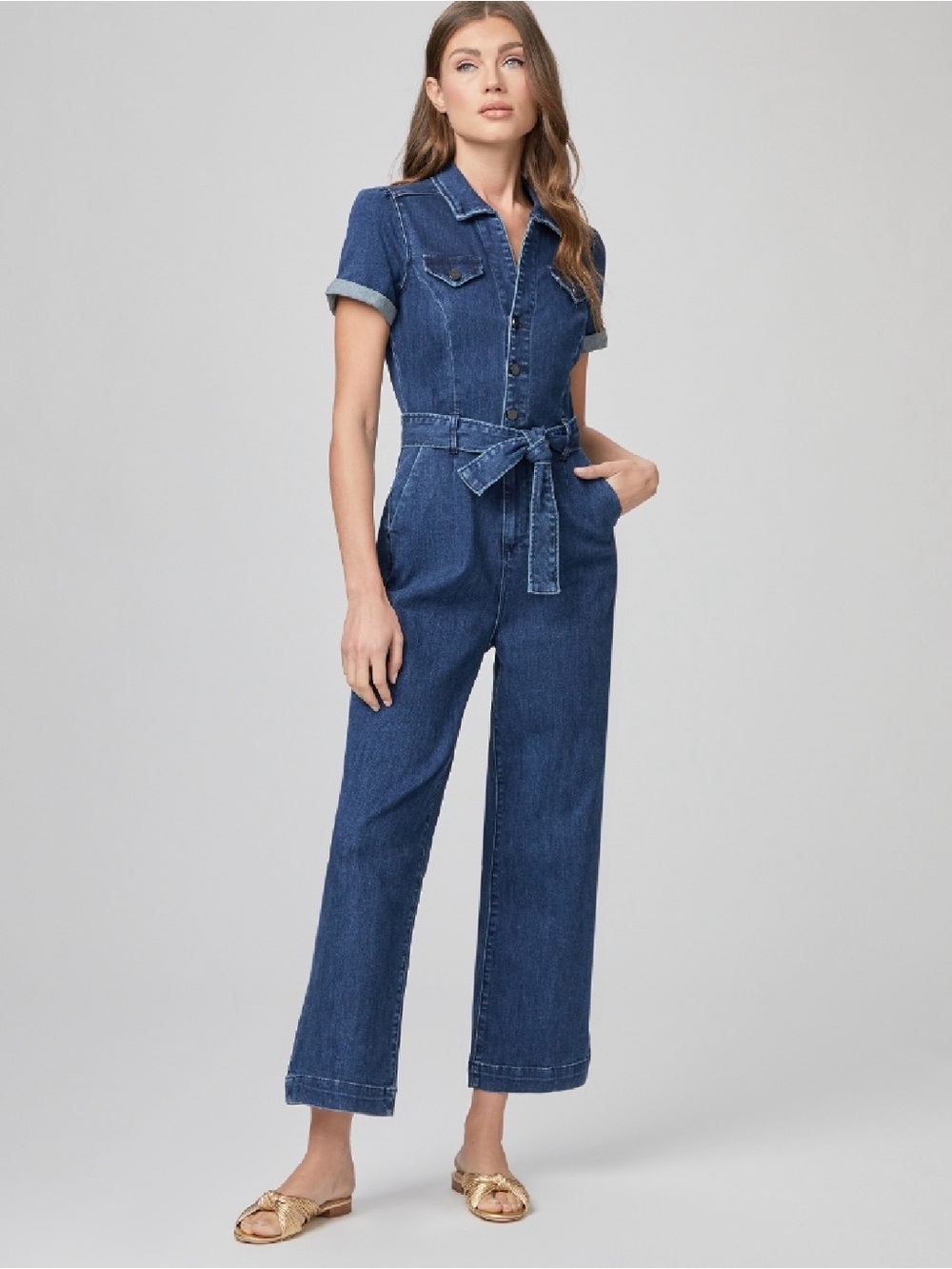 PAIGE Indigo Denim Short‑Sleeve Utility Jumpsuit